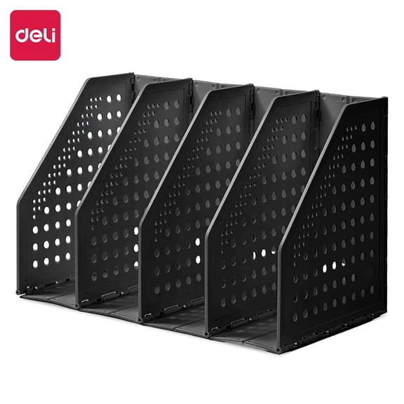 Deli Collapsible Magazine File Holder 4 Vertical Compartment Binder Holder for Desk Organizer Adjustable Sturdy Binder Storage Organizer for Office School Home,Black