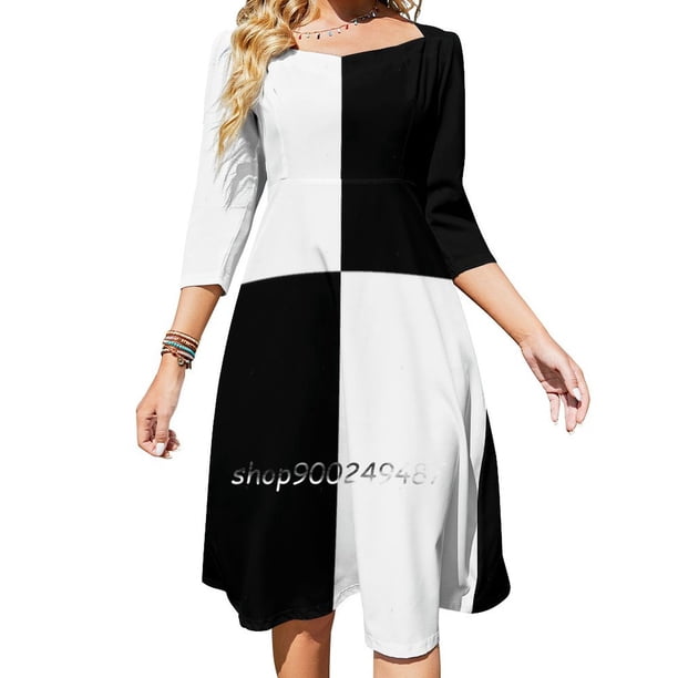 Vestido elegante y dulce a cuadros en blanco y negro para mujer, estilo coreano kawaii, con cuello cuadrado, estilo moderno, estilo scooter Lambretta, color negro