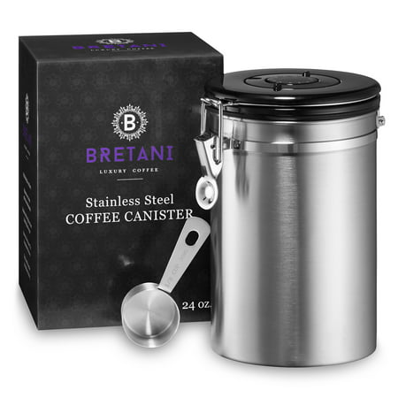 Bretani 24 oz. Stainless Steel Coffee Canister & Scoop Set - Large Airtight Kitchen Storage Container for Storing Beans &