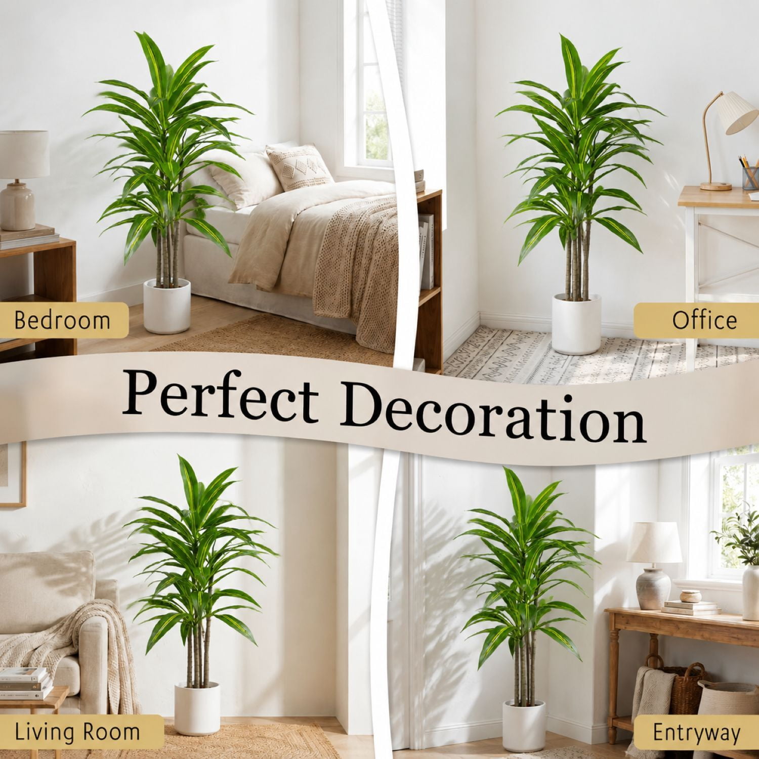 Easy4Home 4FT Artificial Plant Fake Dracaena Tree Potted Indoor Faux Floor Plant for Home Office Decor, White Pot