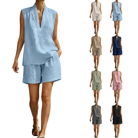 akafmk 2 Piece Shorts Sets for Women Linen Sleeveless Top and Shorts Loose Summer Casual Outfits