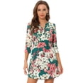 thumbnail image 1 of Vestido camisero vintage Allegra K con mangas 3/4 y cuello En V con estampado floral y botones para mujer Verde oscuro S, 1 of 5