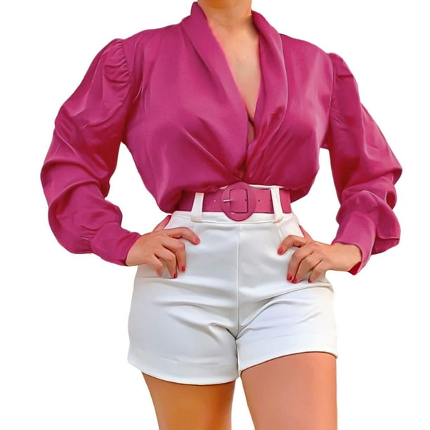 Womens 2023 Fashion 2 Piece Outfits Long Sleeve Plunge Neck Wrap Blouses  Belted Shorts Sets Ladies Elegant Workwear 