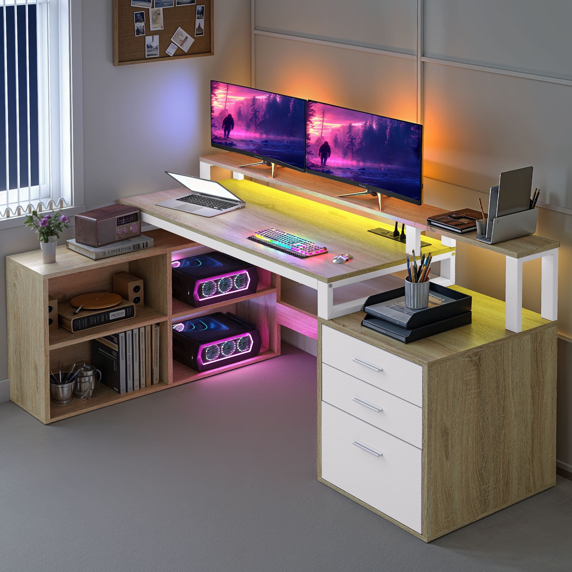 Uforic L Shaped Desk with LED Light & Power Outlets, Corner Computer Desk with Drawers & Open Storage Shelves, Oak