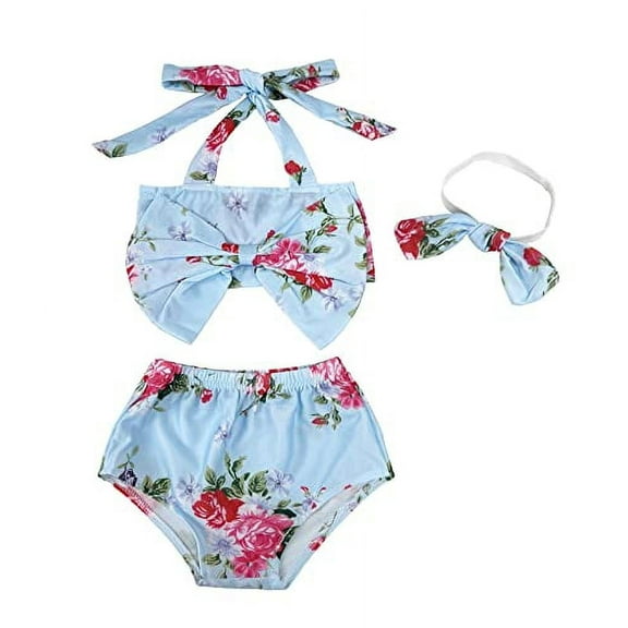 stylesilove Baby Toddler Girls Floral Print Bowknot Bikini Swimsuit and Headband 3pcs Blue Bathing Suit Beach Swimwear (3-6 Months)
