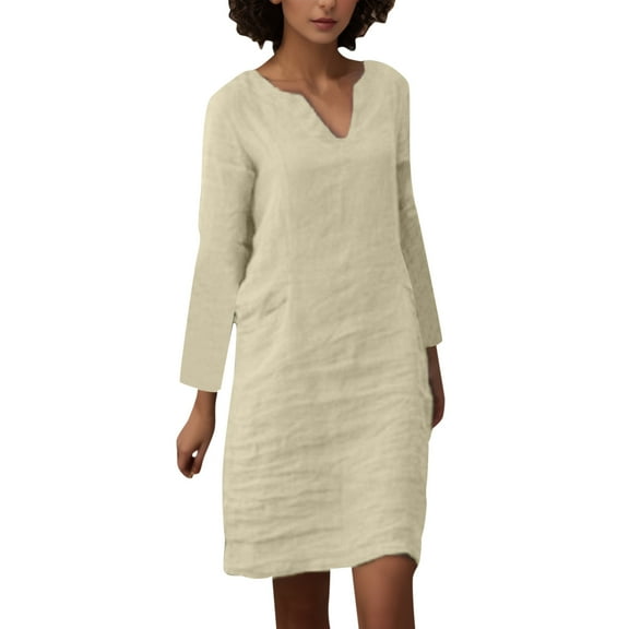 Dpytoraw Women Autumn Casual Simple Fashion V Neck Dress Elegant Comfortable Solid Color Long Sleeve Pocket Casual Dress