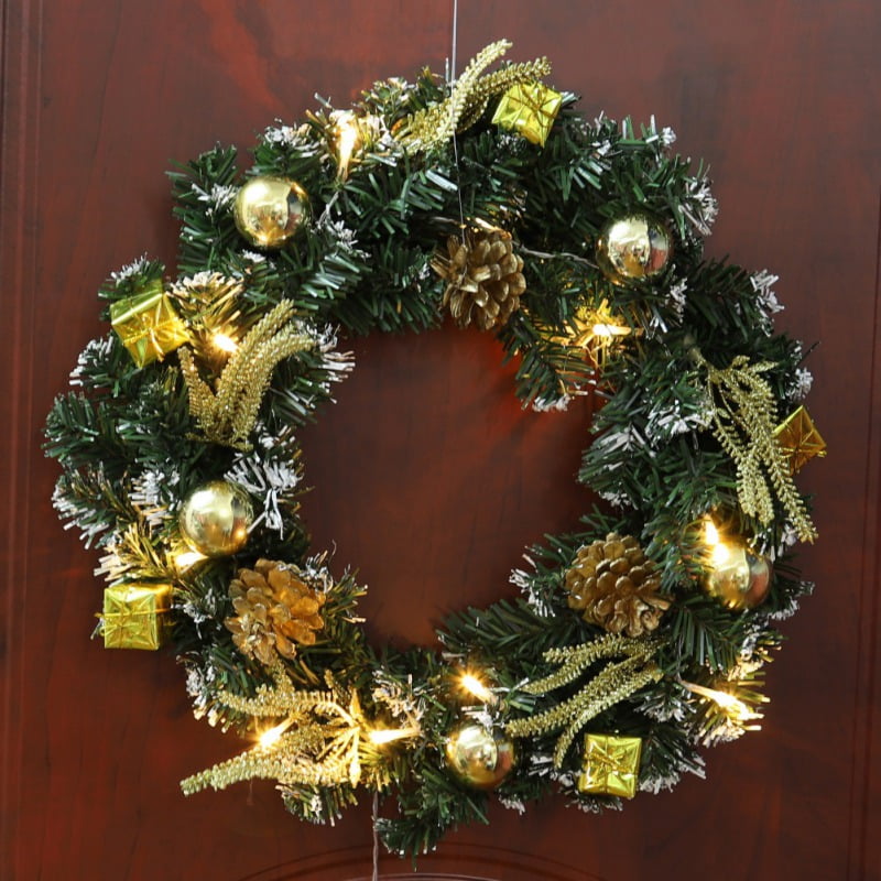 15.7in(L) Christmas Wreath With Battery Powered LED Light String Front Door Hanging Garland