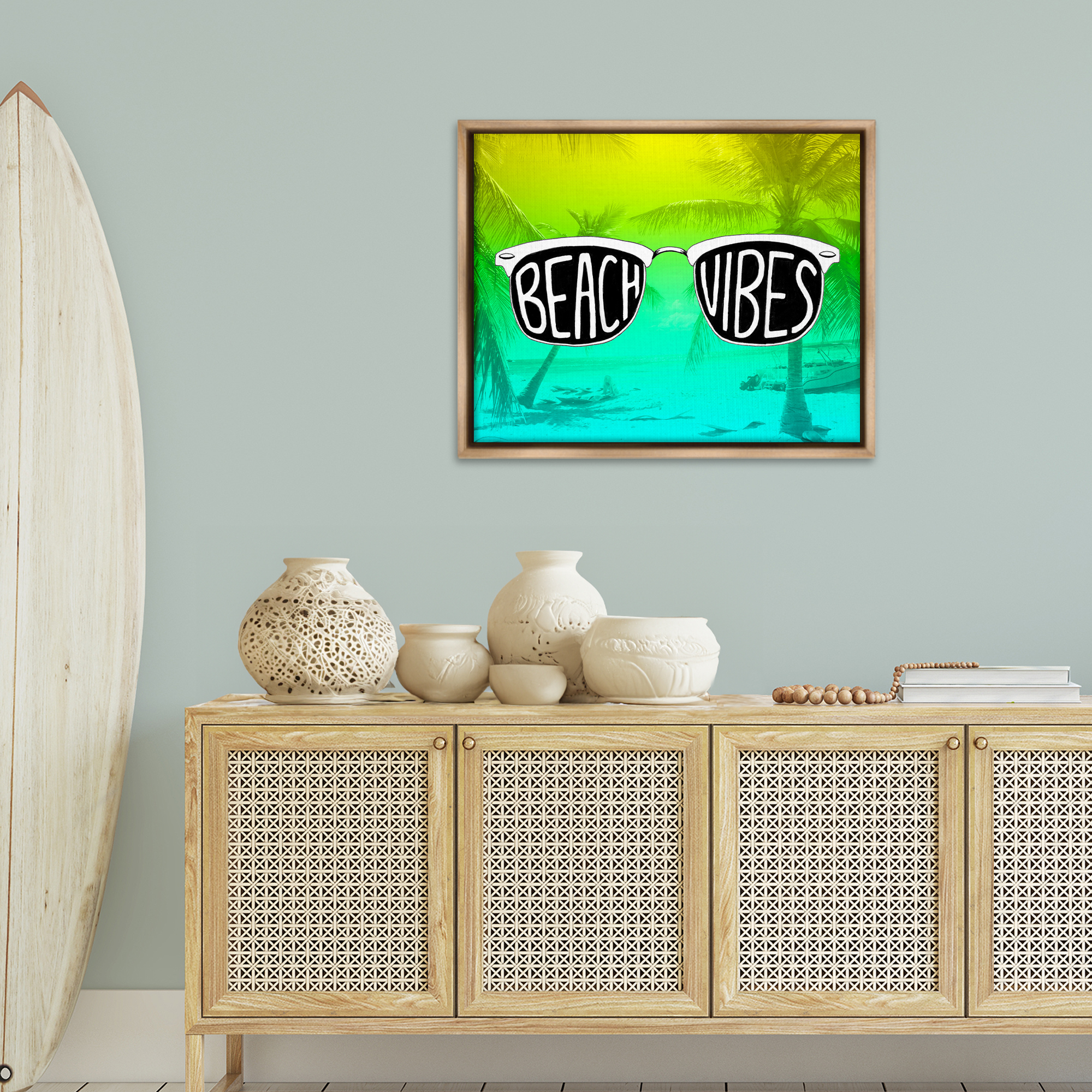 Stupell Industries Beach Vibes Sunglasses Typography Painting Brown Floater Framed Canvas Art Print Wall Art, 31 x 25