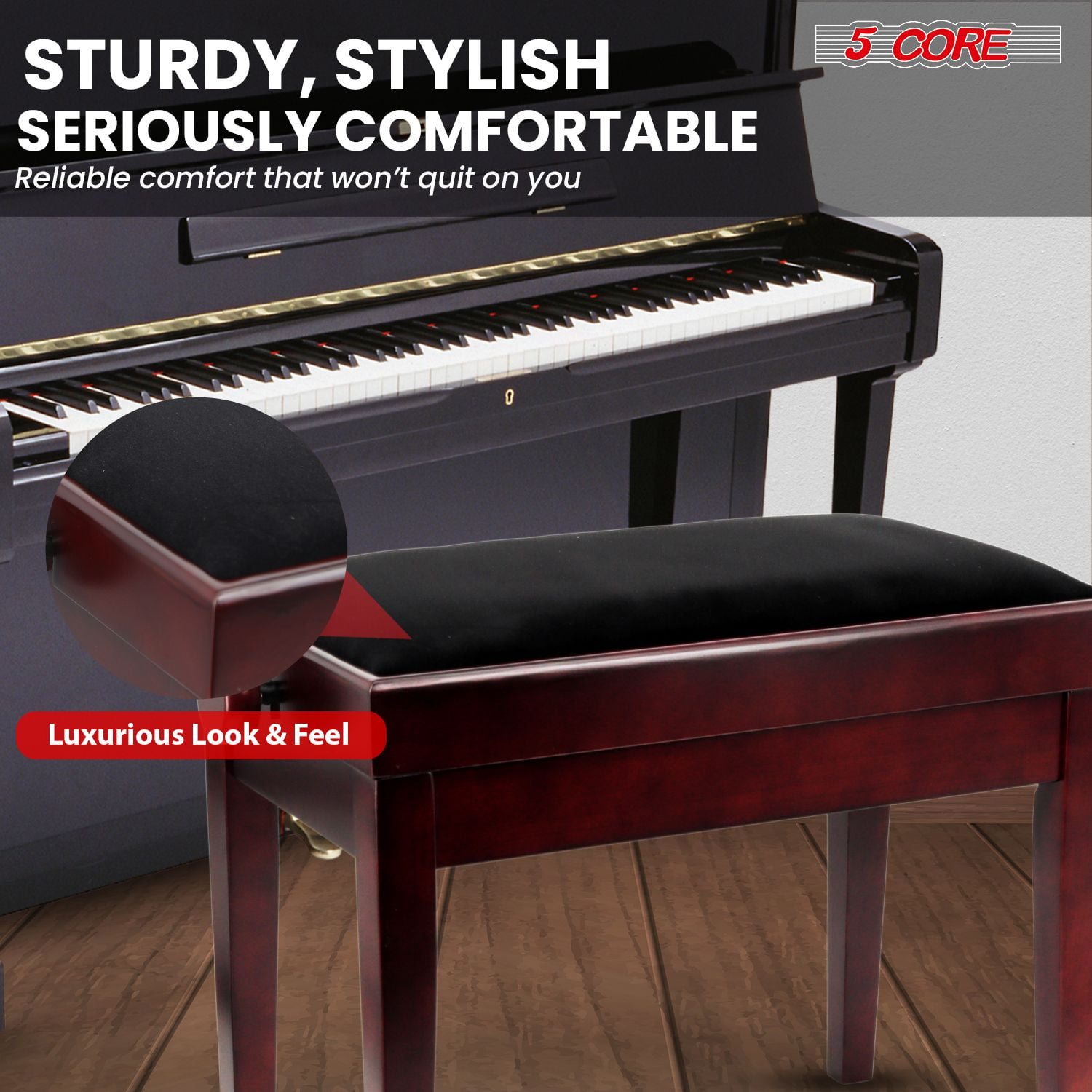Adjustable Piano Bench Thick 3.25" Solid Wood Keyboard Stool Heavy Duty Musician Chair