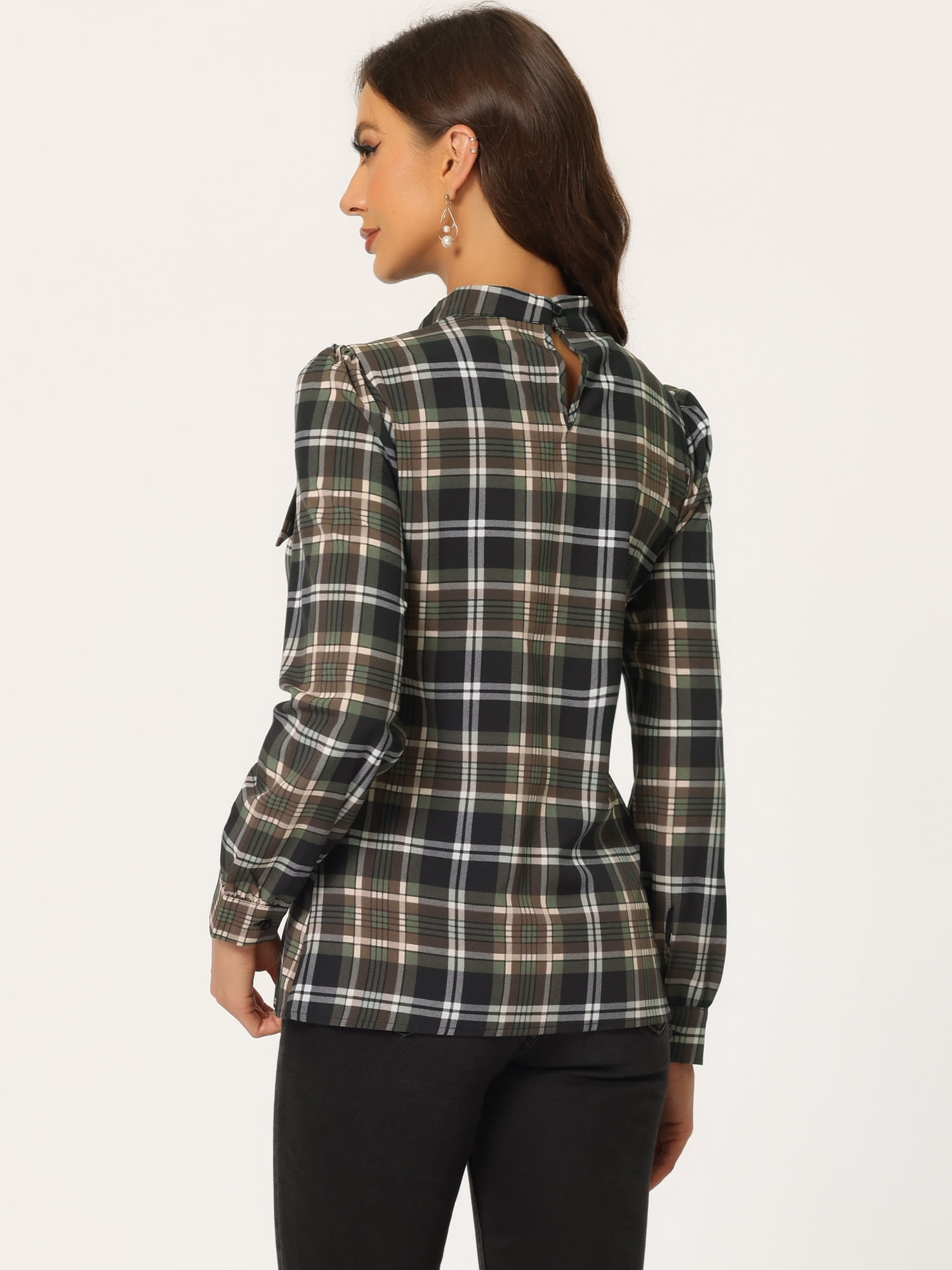 DARING DIVA Bow-Tie Neck Office Work Checks Shirt Top M Brown Black