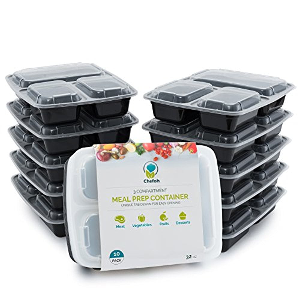 10-Pack 3 Compartment Reusable Microwavable Meal Prep Containers w