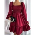 thumbnail image 4 of Women'S Square Neck Lantern Long Sleeve Ruffle Shirred Flowy Party Mini Dress Wine Red S, 4 of 8