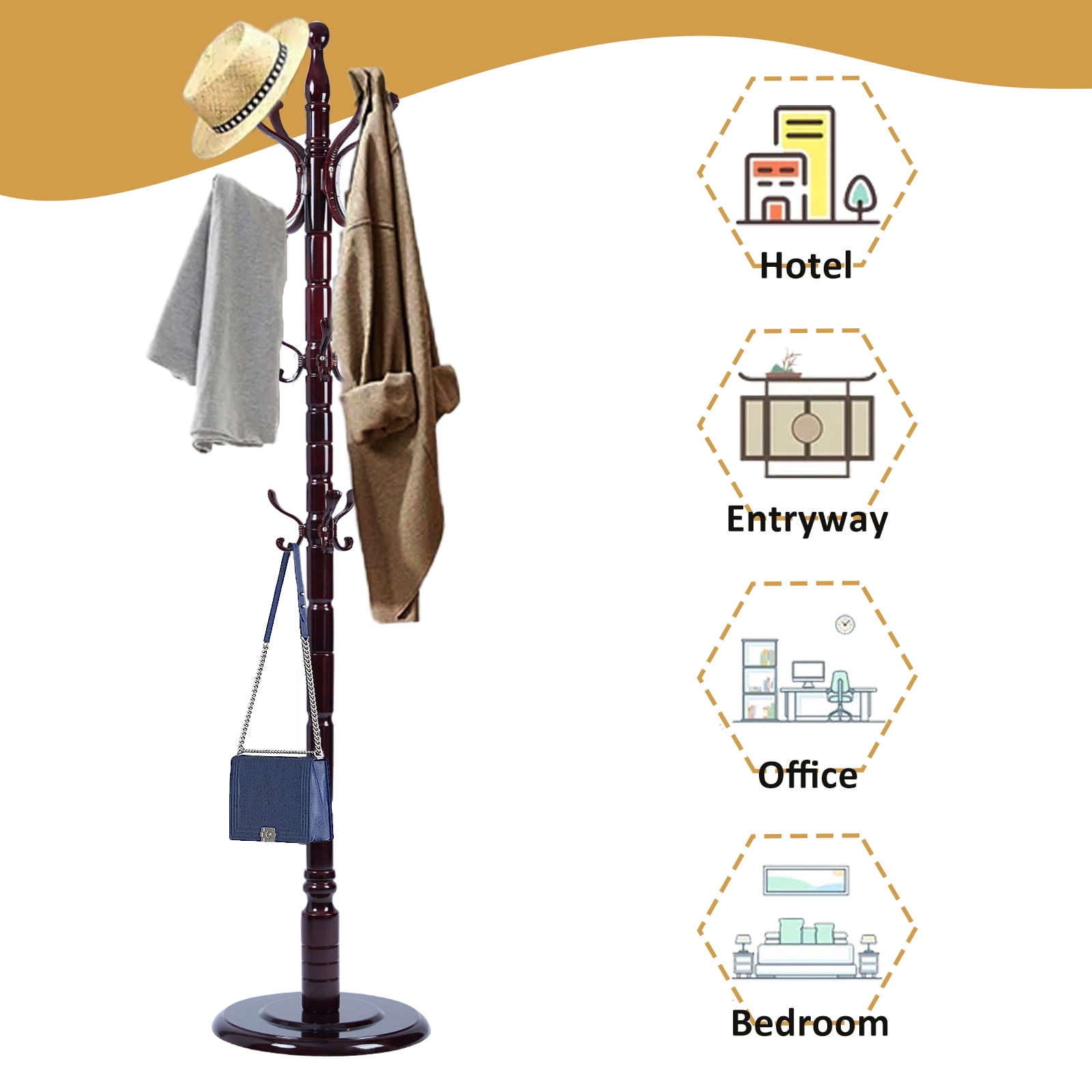 Freestanding Wooden Coat Rack, Natural Birch Wood Coat Tree with 14 Hooks, Sturdy Hall Tree for Entryway & Office