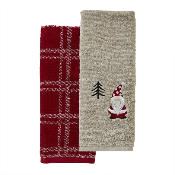 SKL Home Christmas/Winter Gnome Holiday Hand Towel 2pc Set for Bath/Kitchen/Bar & Gift, Gray/Red