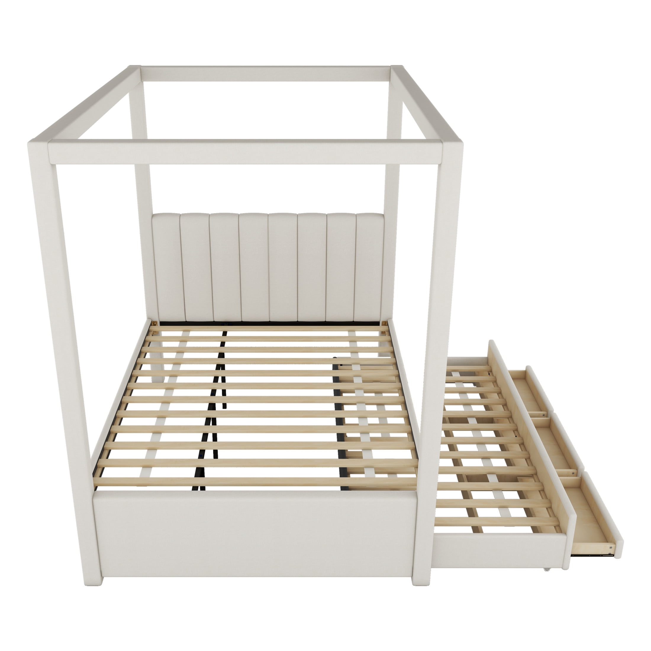Noble House Full Canopy Platform Bed, Linen Upholstered Frame with Trundle and Storage Drawers, Beige