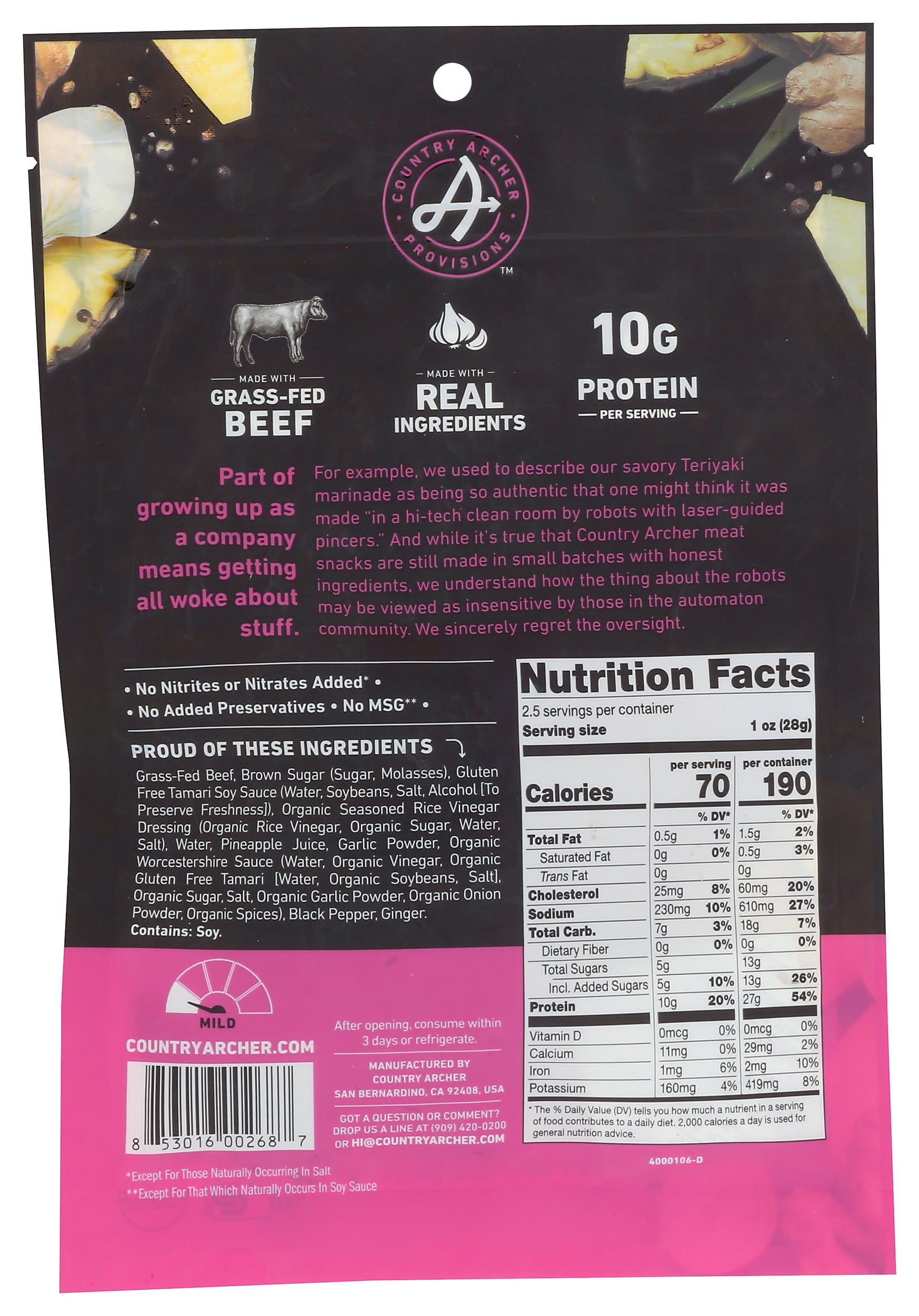 Pack of 12, Country Archer Teriyaki Grass-Fed Beef Jerky, 2.5 oz
