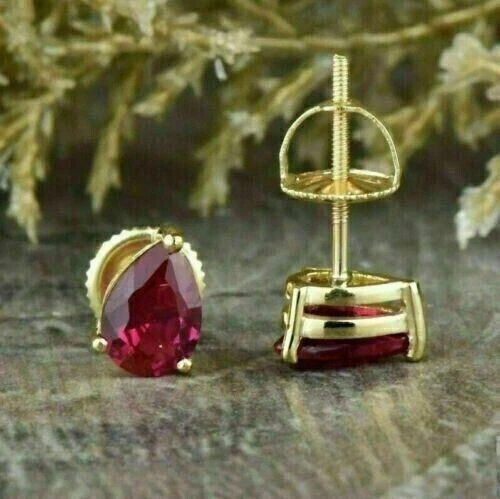 Radiant Jewelry 2Ct Pear Cut Red Ruby Stud Earrings 14k Yellow Gold Plated 925 Sterling Silver Screw Back Solitaire Earrings for Women