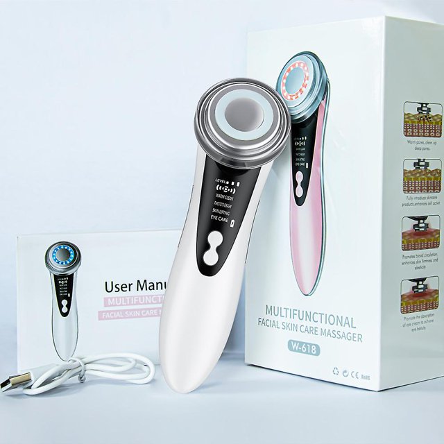 Dispositivo de belleza, dispositivo facial antiarrugas, dispositivo multifuncional 5 en 1 para el cuidado facial antienvejecimiento con función de iones y fotones Tratamiento de frío / calor Blanco oso de fresa Hogar