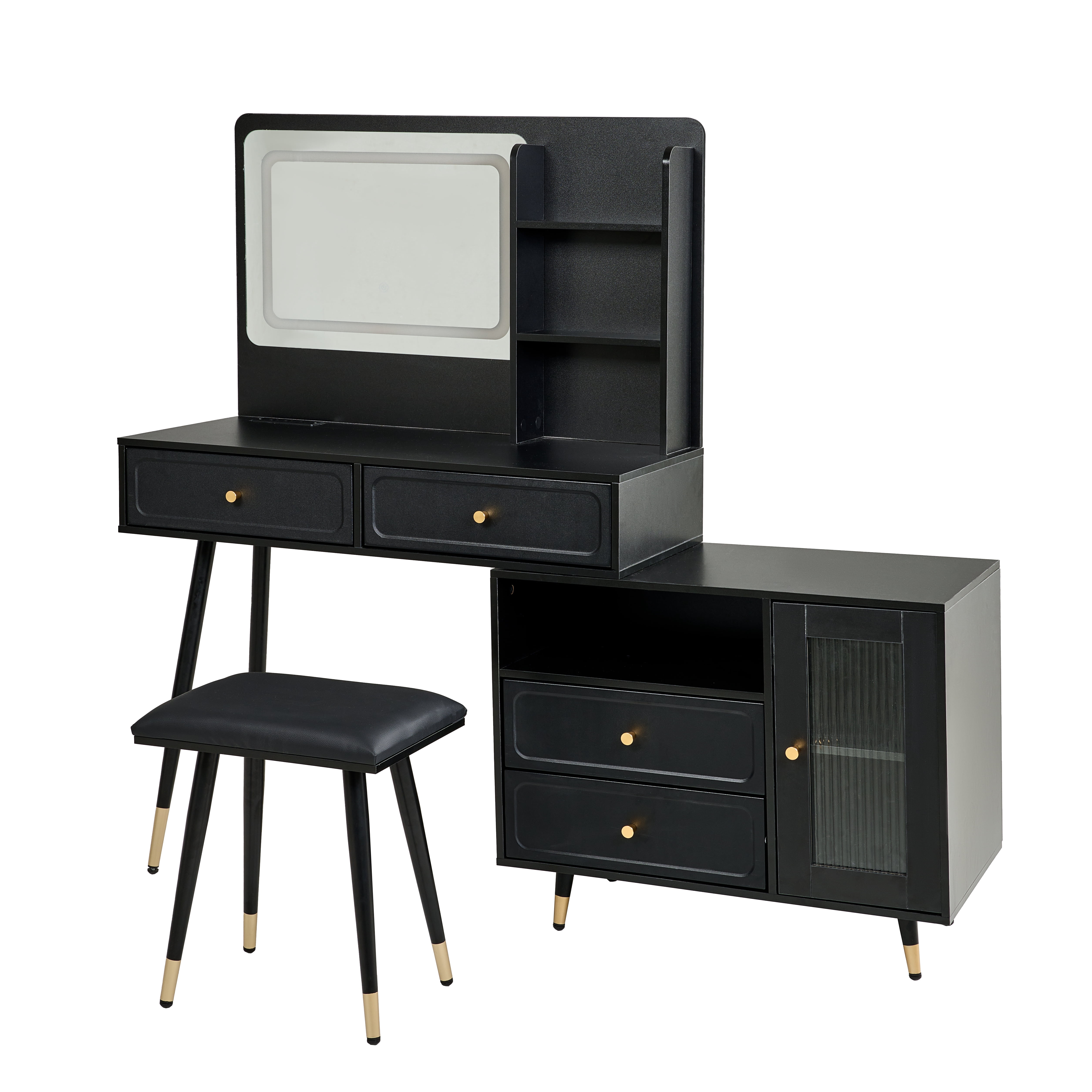 Yoneston Vanity Set with LED Lighted Mirror, 4 Storage Drawers, Movable Cabinet & Upholstered Stool, Makeup Table Set with Charging Station for Bedroom, Black