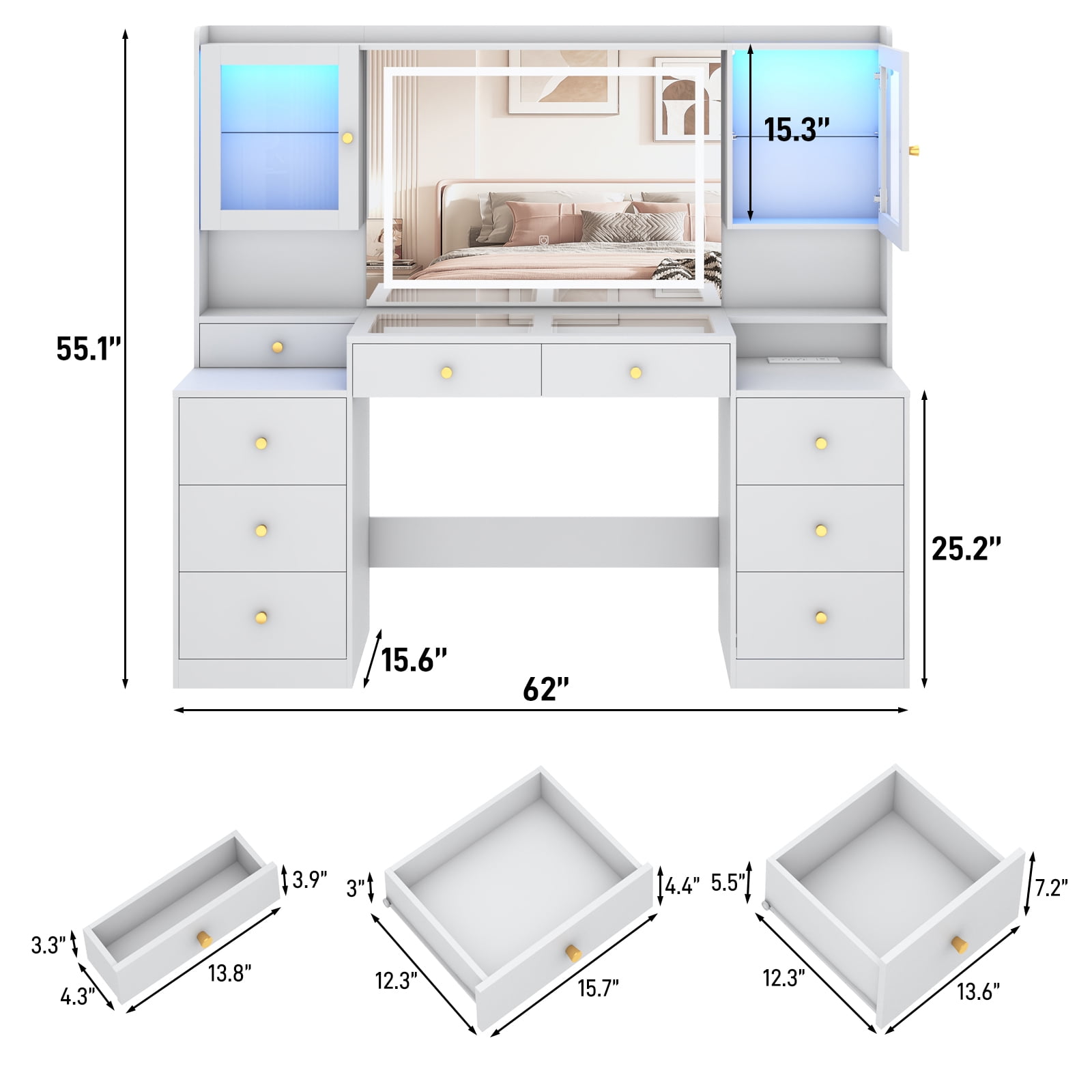 Blotout 62'' Large Vanity Desk w/60000-color LED Lights, Tempered Glass Top, Power Outlet, Makeup Vanity Table w/ 3 Lights Mode Mirror, 9 Drawers, 2 RGB Cabinets, LED Dressing Table for Girls, Women
