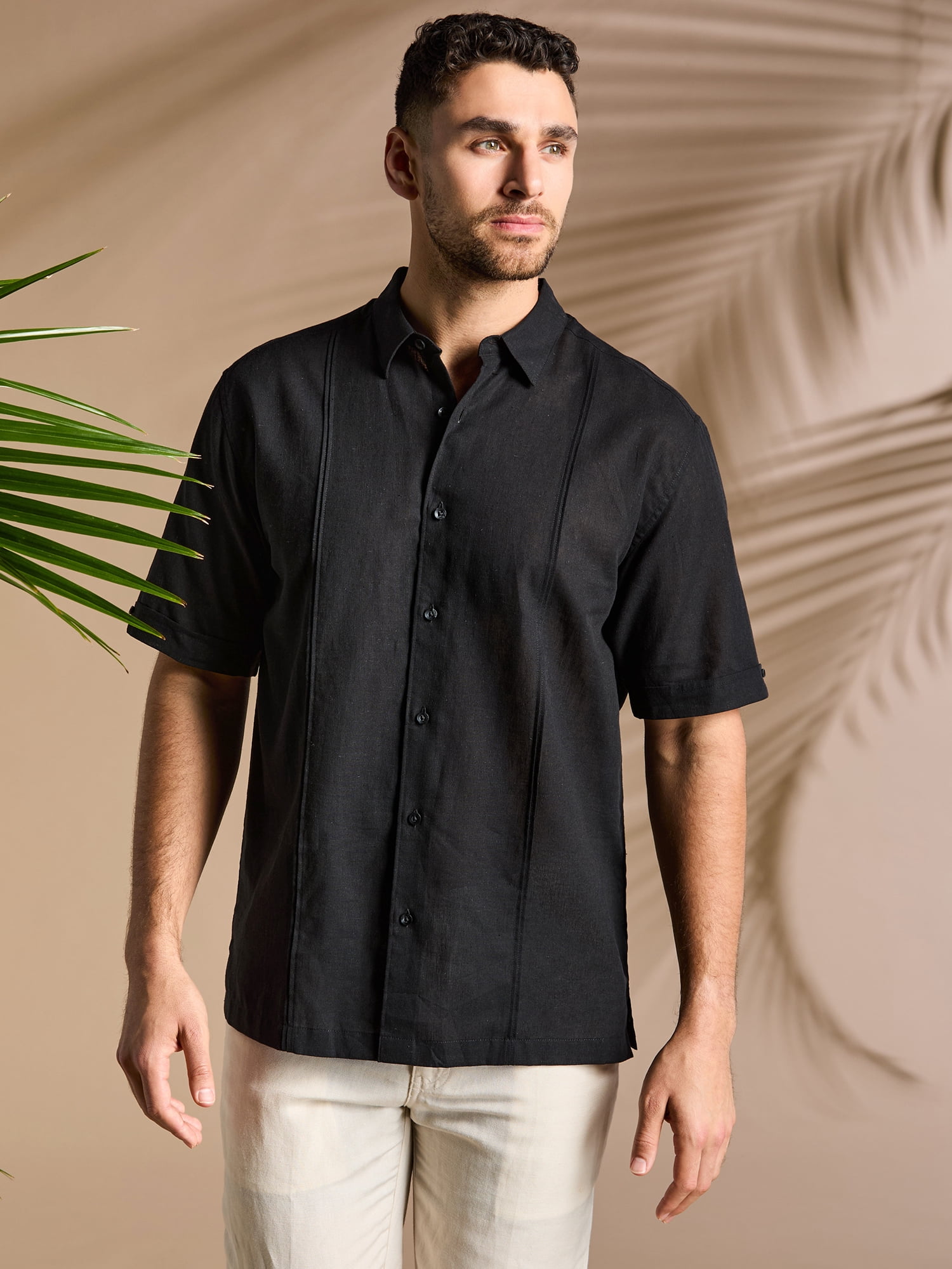 Cafe Luna Men's and Big Men's Short Sleeve Linen-Cotton Tuck Panel Woven Shirt, Sizes S-5XL