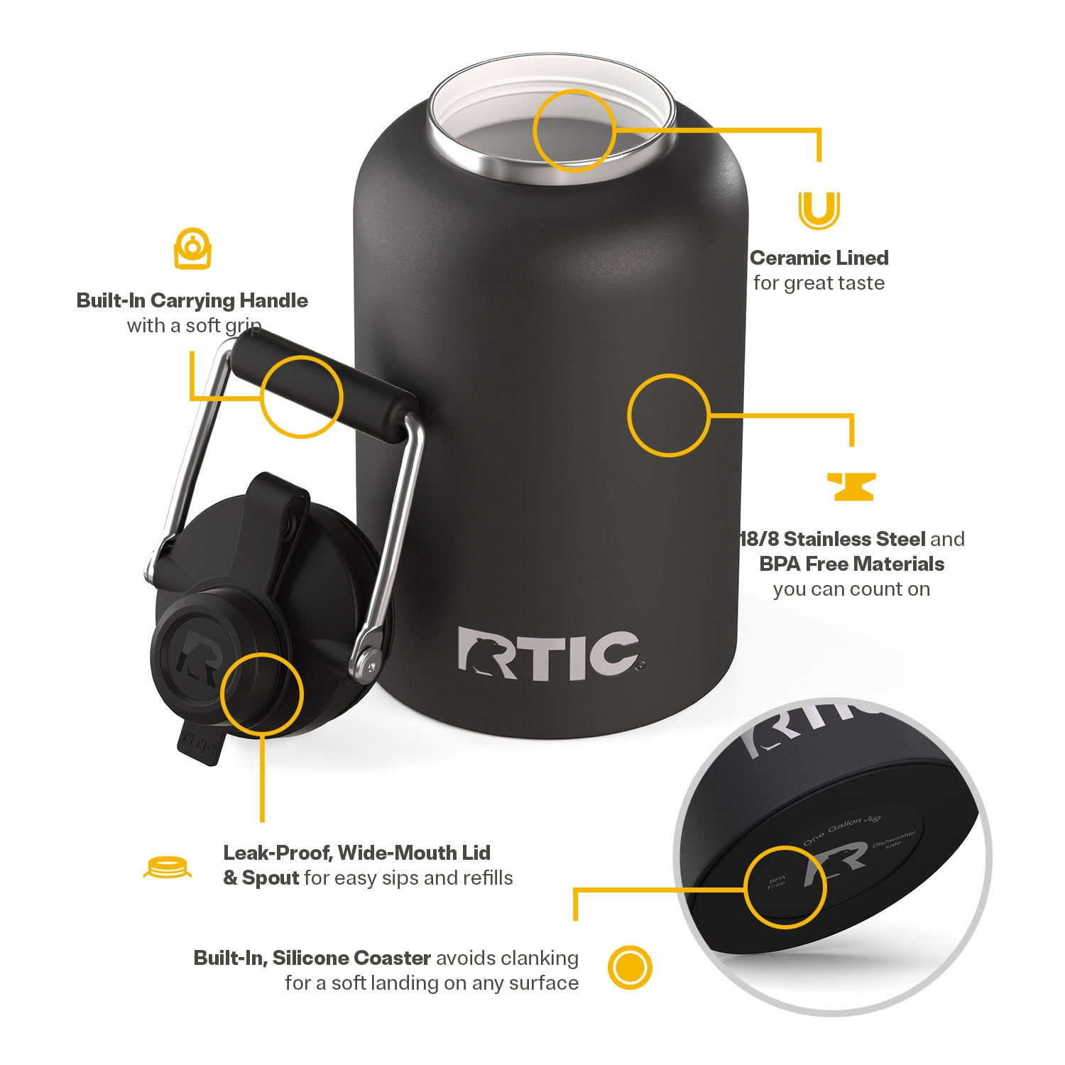 RTIC One Gallon Ceramic Lined Insulated Outback Water Bottle Jug, Leak Proof, Black