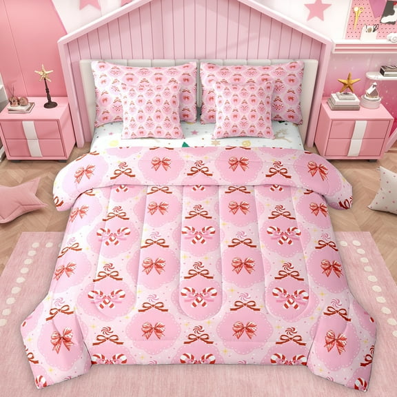 Homewish Pink Princess Bowknot Twin Bedding Sets 7-Piece, Cartoon Stars Print Bedding Comforter Set, Merry Christmas Reversible Sheet Sets, Microfiber Bedroom Decor