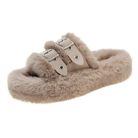 

Thick Soled Plush Slippers for Women in the Autumn and Winter of 2023 New Style Outerwear Belt Buckle Flat Bottom Flip Flops (Milk tea color 35)