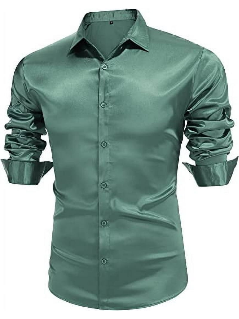Mens Silk Shirts Long Sleeve-Luxury Shiny Silk Satin Party Dress Shirt  Button Up Casual Muscle Fit for Men(Olive Green,M) - Walmart.com