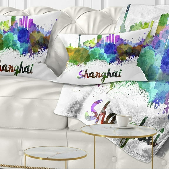 Designart Shanghai Skyline - Cityscape Throw Pillow - 12x20