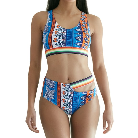 Women's Scoop Neck Tropical Criss Cross High Waist Bikini Swimsuit, Blue