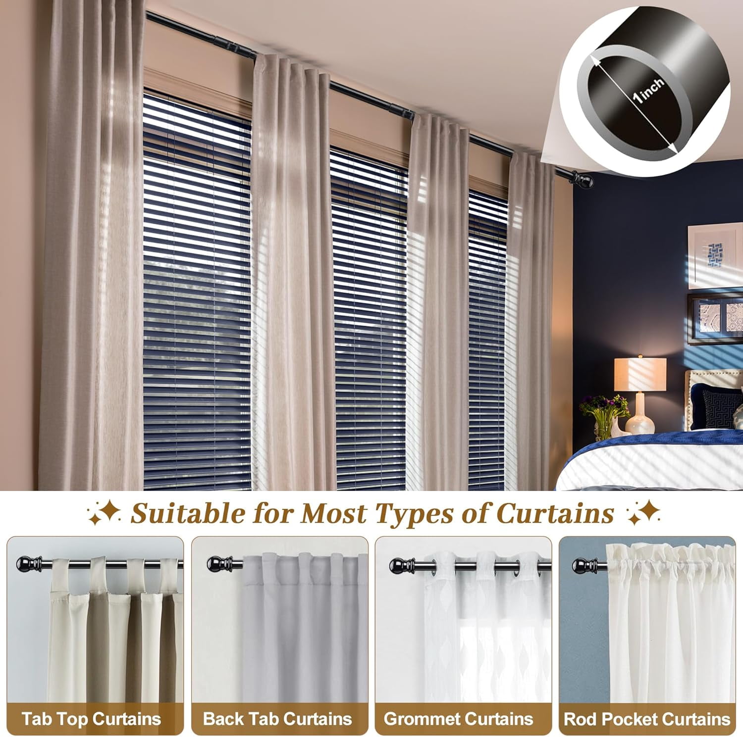 Bay Window Curtain Rods  U Shaped Adjustable Curved For Windows 59 To 184 Inches Black 1 Inch Renter Friendly Heavy Duty With Brackets Bedroom Living Room Curtains