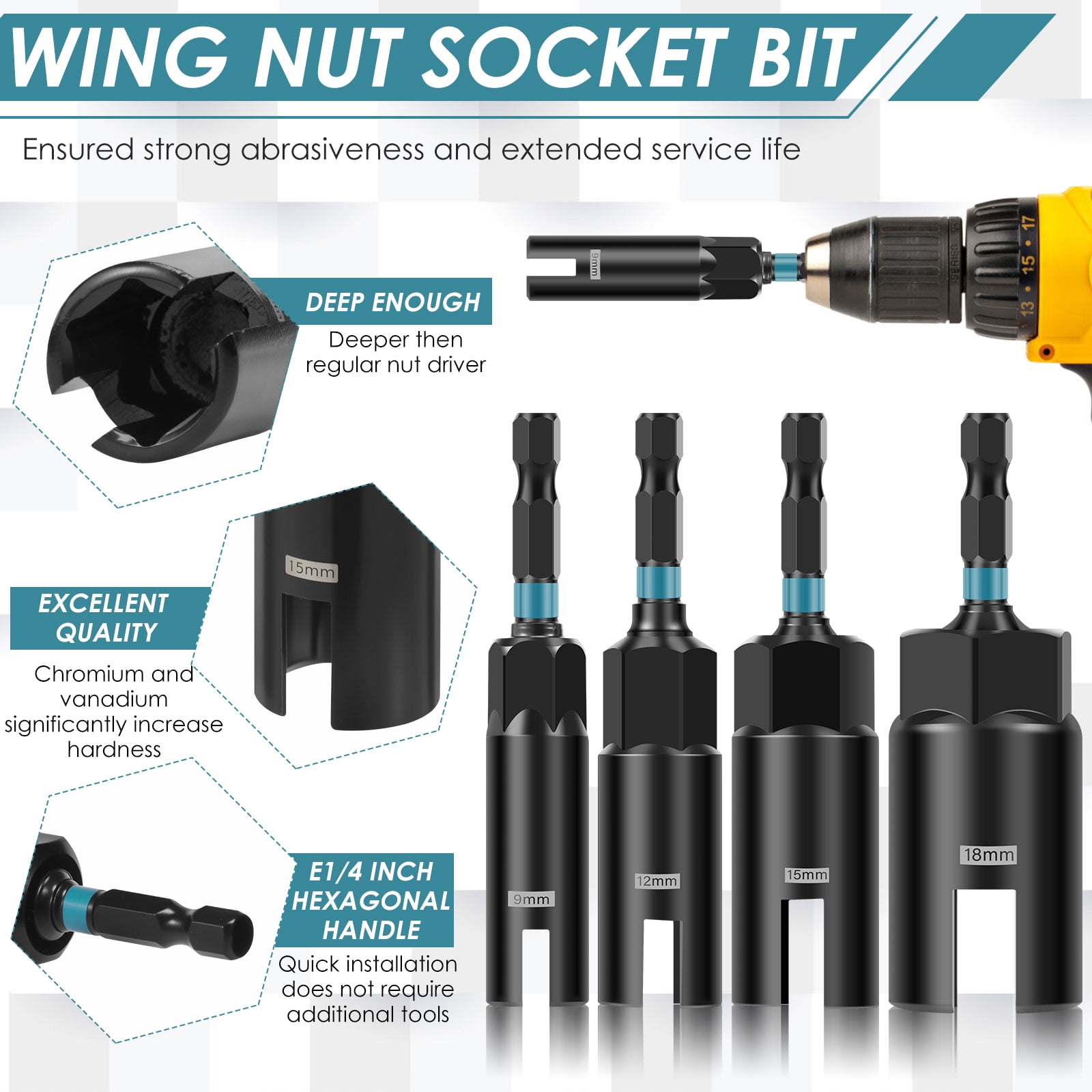 8PCS Wing Nut Driver Set 4 Sizes Chromium Vanadium Steel Wing Nut Socket Kit with 1/4 Inch Hex Shank for Eye Bolt Wire Twisting