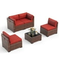 thumbnail image 6 of Poteban 5 Pieces Outdoor Sectional Sofa Set , PE Wicker Rattan Slanted Back Outdoor Conversation with Cushions and Glass Coffee Table for Backyard Garden, Wine Red, 6 of 11