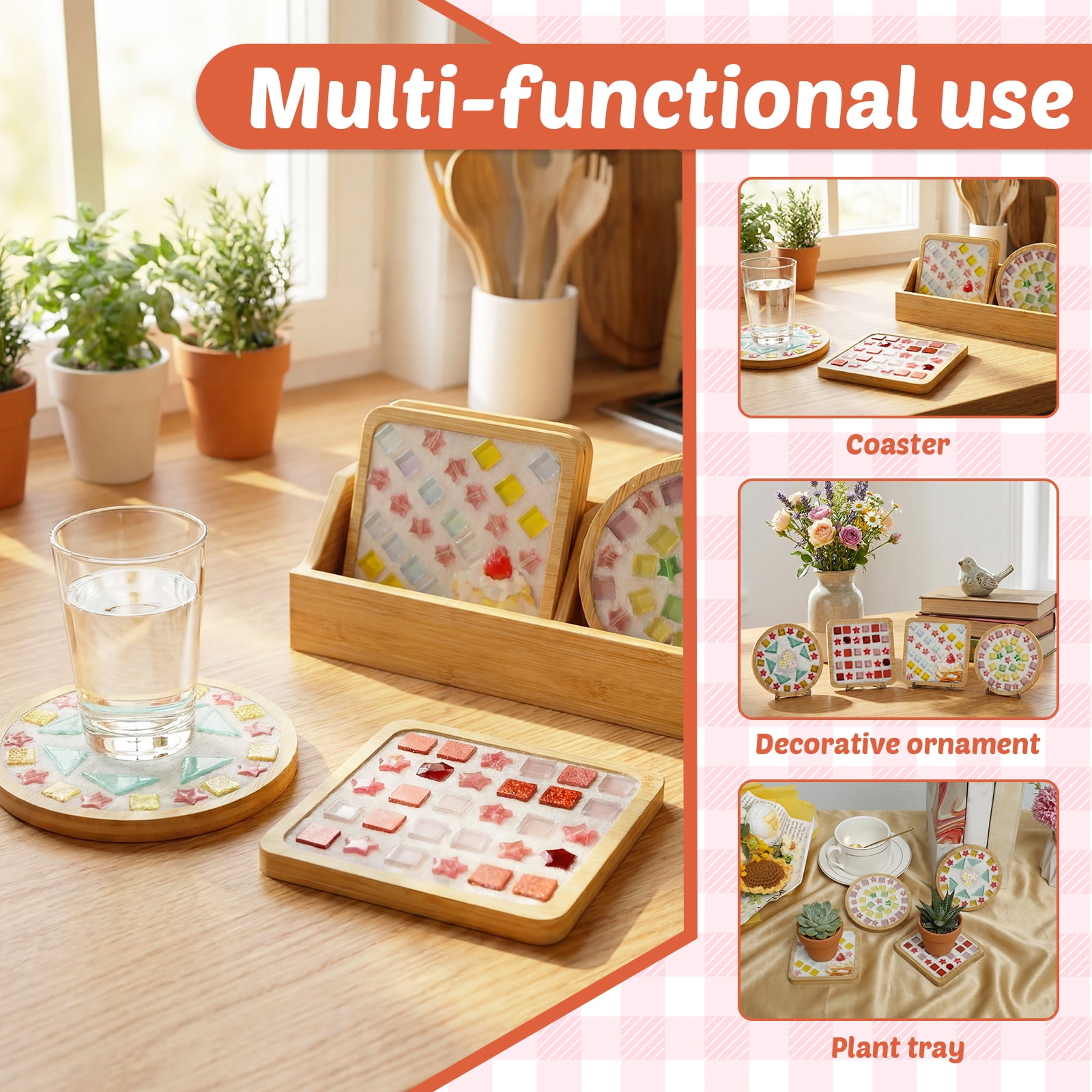 Austok 4Pcs DlY Mosaic Tile for Craft Mixed Color Glass Tile Kit with Bamboo Cup Pad for Adult DlY Cup Pad Kit Mosaic Supply for Handmade Home Decoration Present (Square and Round)