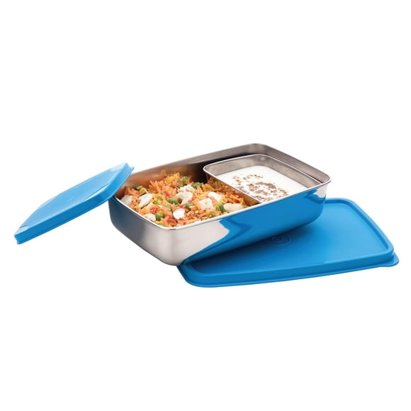 Stainless Steel Compact Small Steel Lunch Box - Blue, 150ml+550ml | Two Compartments With Airtight Lid - Leak Resistant, Microwave Safe