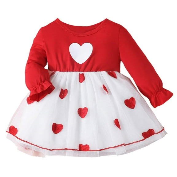 XUELUO Baby Girls Long Sleeve Dresses Red White Heart Printed Tulle Skirts For Toddler Spring Valentine Cute Comfy Dress