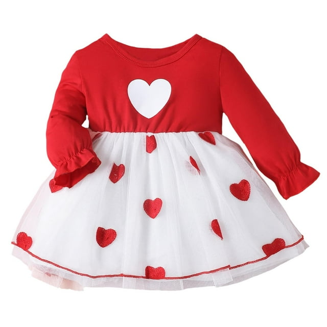 PMVFHDE Robes d'Été Décontractées pour Filles Robes pour Bébé Fille Printemps et Automne Manches Longues Motif Cœur Patchwork Robe Bébé, Rouge, 18-24 Mois