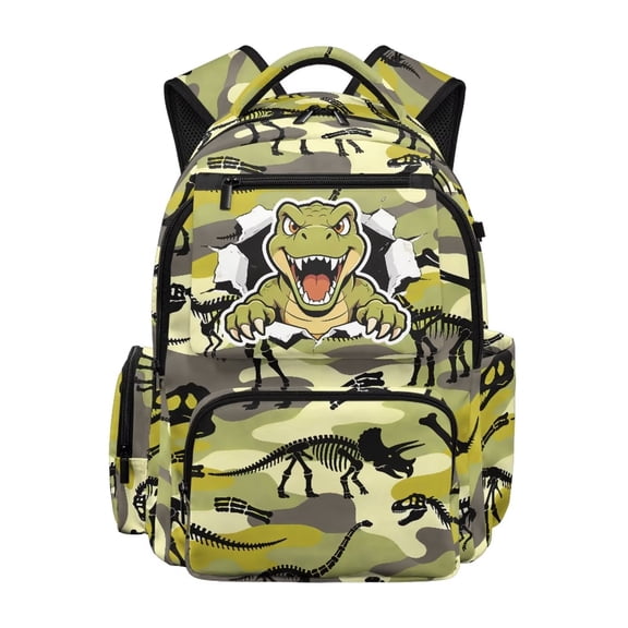 Garronmavis 17 inch Kids Backpack Multi-Pocket School Bag Large Capacity Book Bag for 10Y-12Y Elementary Students Daily Use Camo Dino Skeleton