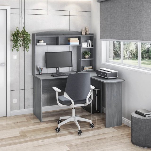 New Modern L-Shaped Desk with Hutch, Grey Computer Desks Bed Table Study Table Office Furniture Standing Desk My Lux Decor Round