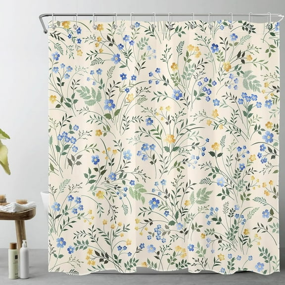 Country Wildflower Shower Curtain Decor,Blue and Yellow Floral Green Leaf Plant on Beige Shower Curtain for Bathroom 72X72 inch Polyester Fabric Bathroom Decoration Bath Curtains Hooks Included