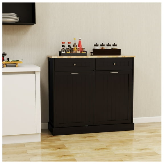 Kitchen Trash Cabinet with Drawers - Black MDF - Tilt-Out Trash Can Storage - 10 Gallon