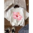 thumbnail image 1 of Girls' Flower Print T-Shirt - Soft & Comfy Casual Summer Tee, Round Neck, White with Floral Design, Perfect for Vacation or Casual Attire, Leisure Clothing, Relaxed Fit Shirt, Moderate Elasticity, 1 of 6