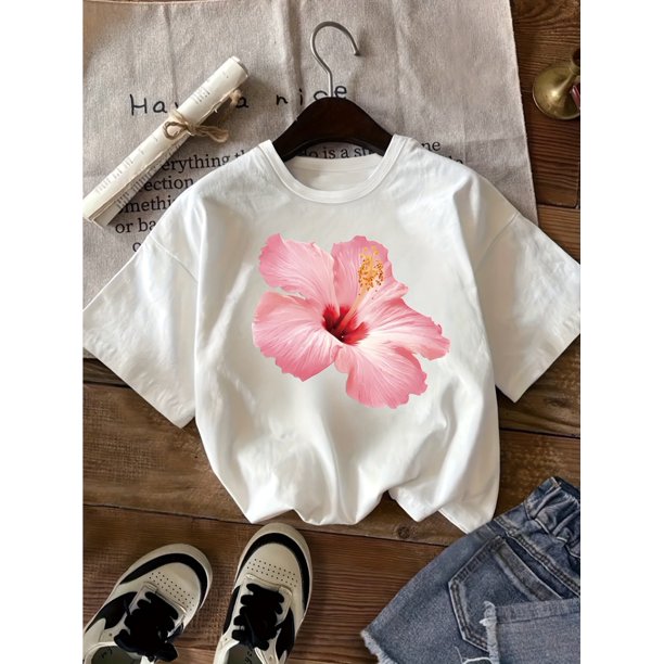 Girls' Flower Print T-Shirt - Soft & Comfy Casual Summer Tee, Round Neck, White with Floral Design, Perfect for Vacation or Casual Attire, Leisure Clothing, Relaxed Fit Shirt, Moderate Elasticity