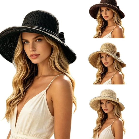 AJGRHE Women's Wide Brim Bucket Hat -Sun Hat Solid Color, Piping Detail, Bow - Accented Ponytail Opening for Daily Leisure Shopping Party Black One Size