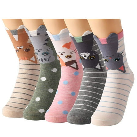 

Tosewever 5 Pairs Womens Cute Animal Casual Socks for Girls Funny Cozy Lovely Cat Dogs Anime Cotton Novelty Crew Sock for Women Gifts (Dot Striped Cats)