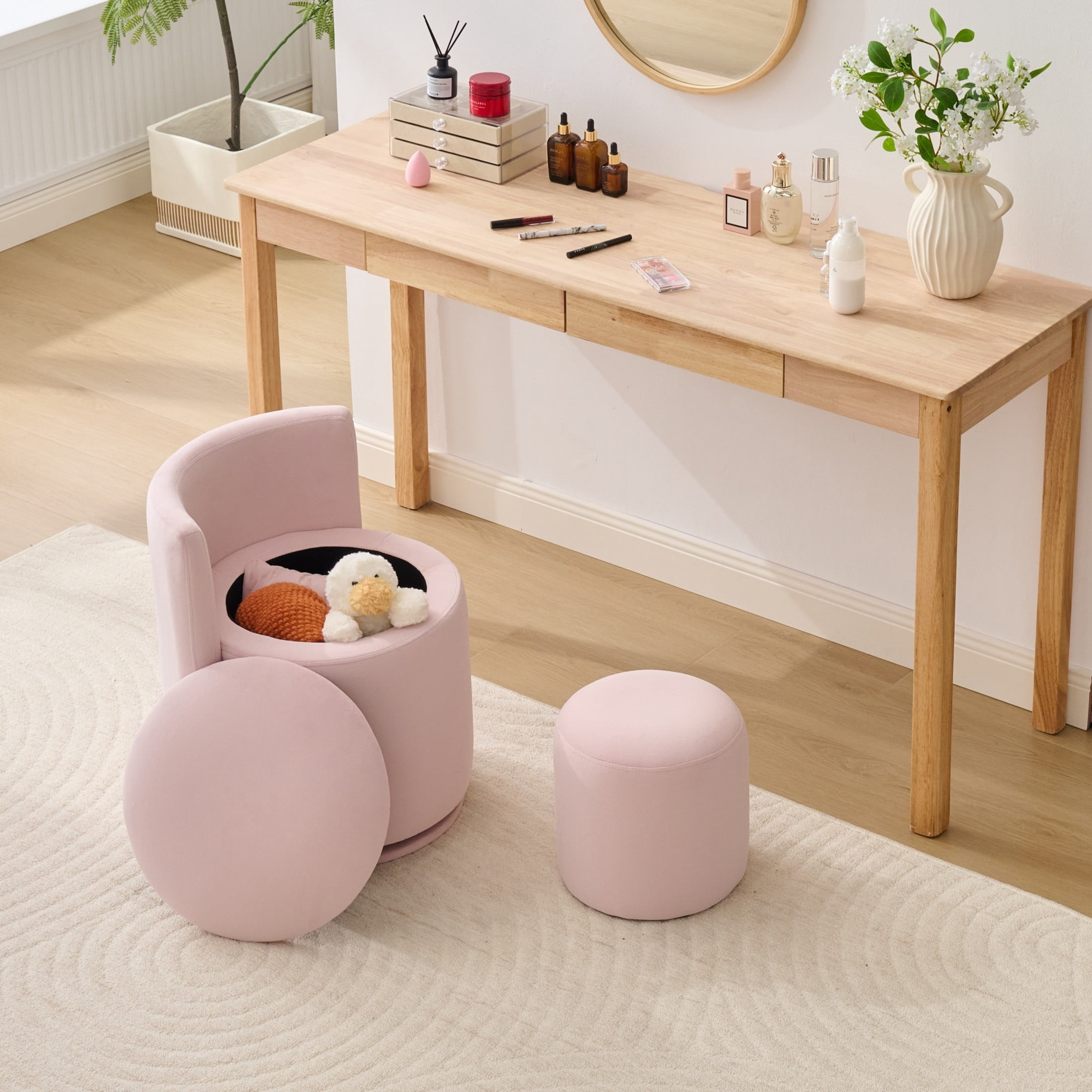 Noble House Velvet Swivel Accent Chair with Ottoman & Toss Pillow, Storage Barrel Chair, Pink