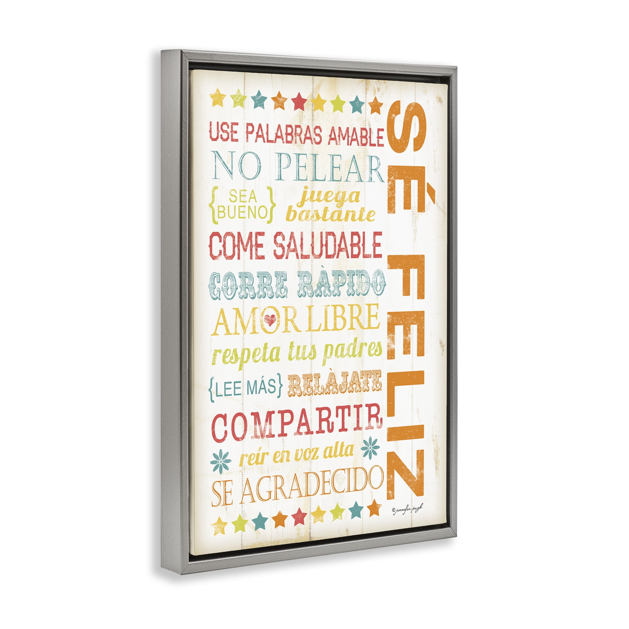 Stupell Industries Frases para Ser Feliz Inspirational Quotes & Sayings Painting Gray Floater Framed Art Print Wall Art, 21 x 31