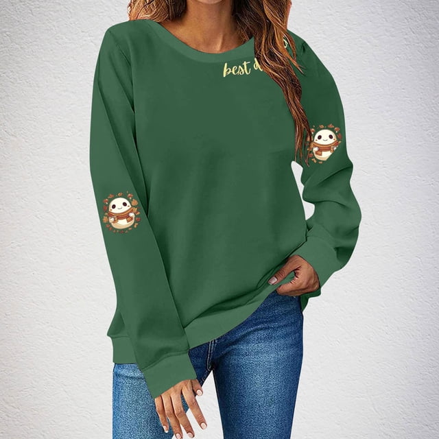 Pisexur Chemise à Manches Longues pour Femmes Tissu de Haute Qualité Hauts pour Femmes Imprimé de l'Action de Grâce Manches Longues Col Rond Haut Ample Chandail en Molleton Vert Armée,m