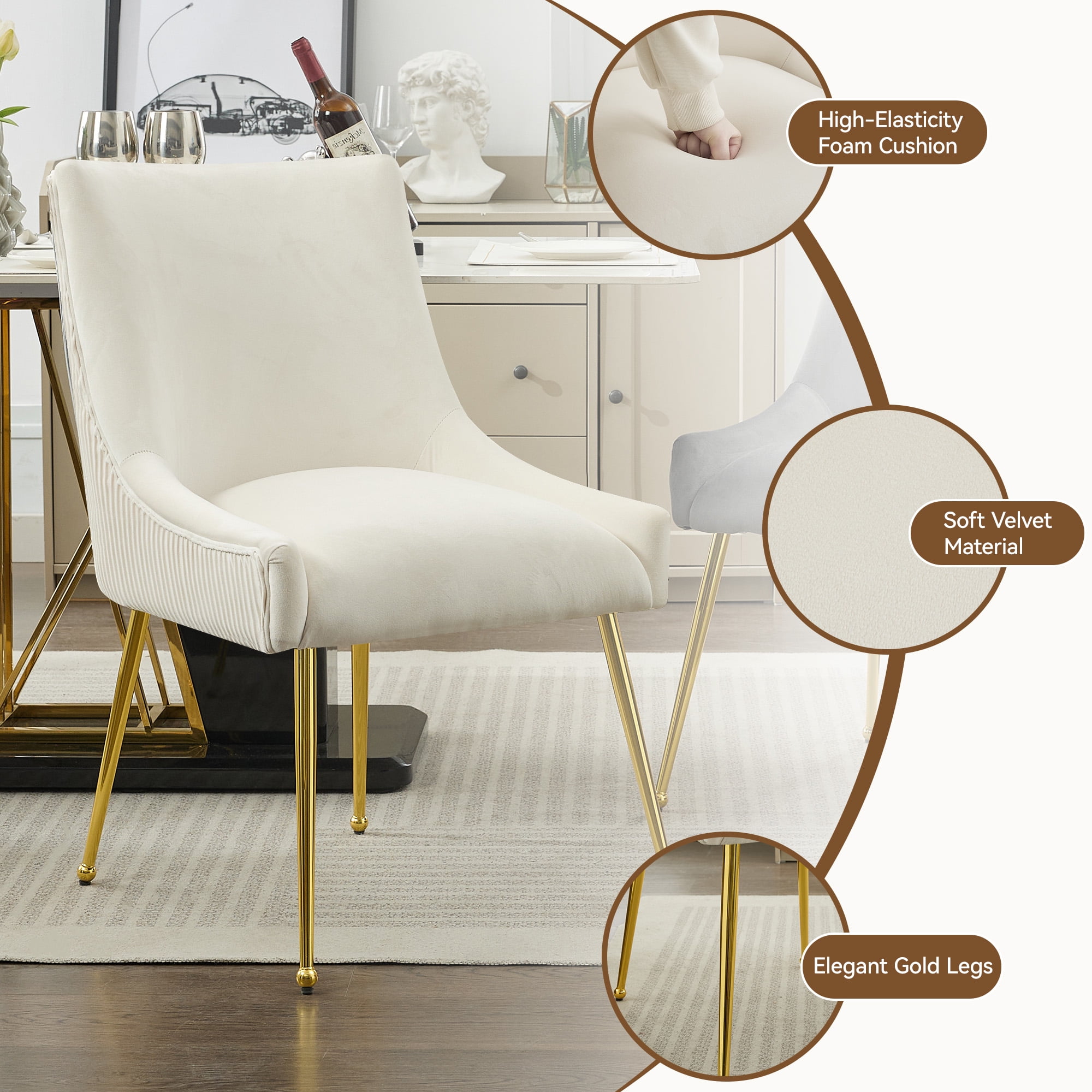 Velvet Dining Chairs Set of 4 with Gold Legs, Upholstered Accent Chairs, Pleated Back & Gold Pull Handle, Mid-Century Modern for Dining Room, Kitchen, Living Room, Beige